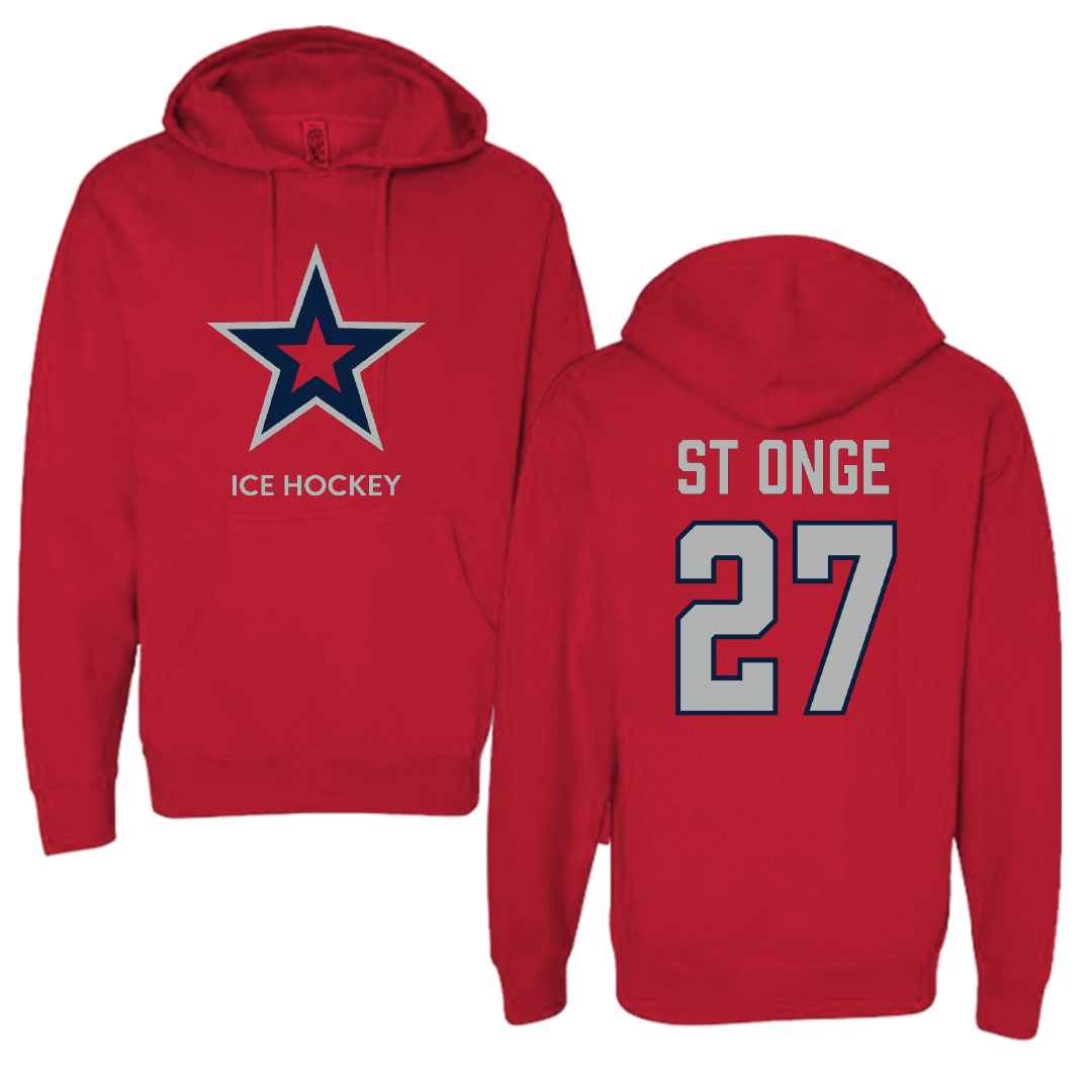 Robert Morris University Ice Hockey (M) Red Mascot Hoodie - #27 Rylee St Onge