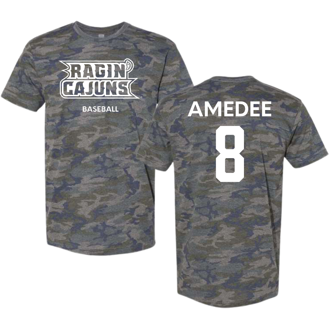University of Louisiana at Lafayette Baseball Vintage Camo Tee - #8 Lee Amedee