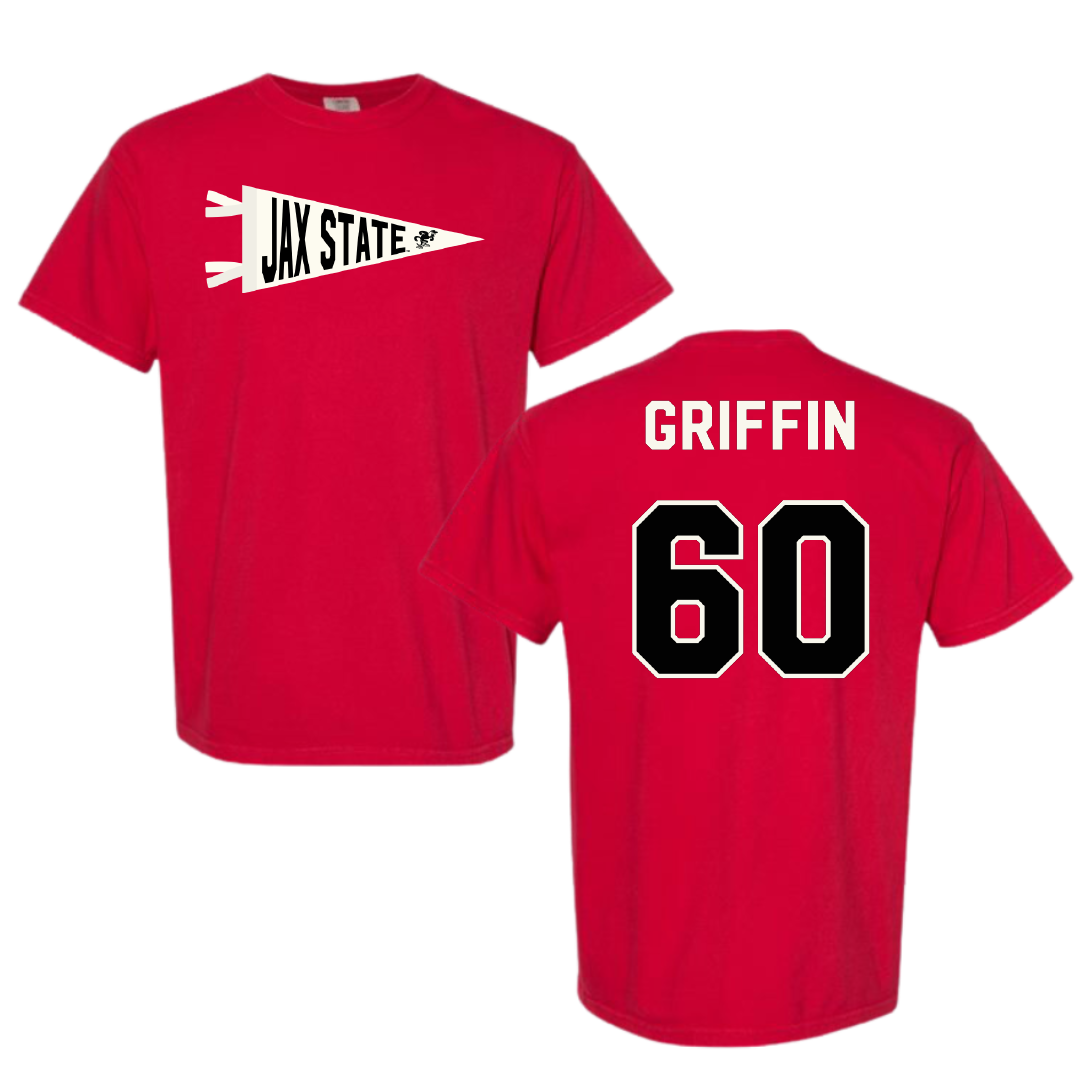 Jacksonville State University Football Red Pennant Comfort Colors Tee - #60 Cameron Griffin