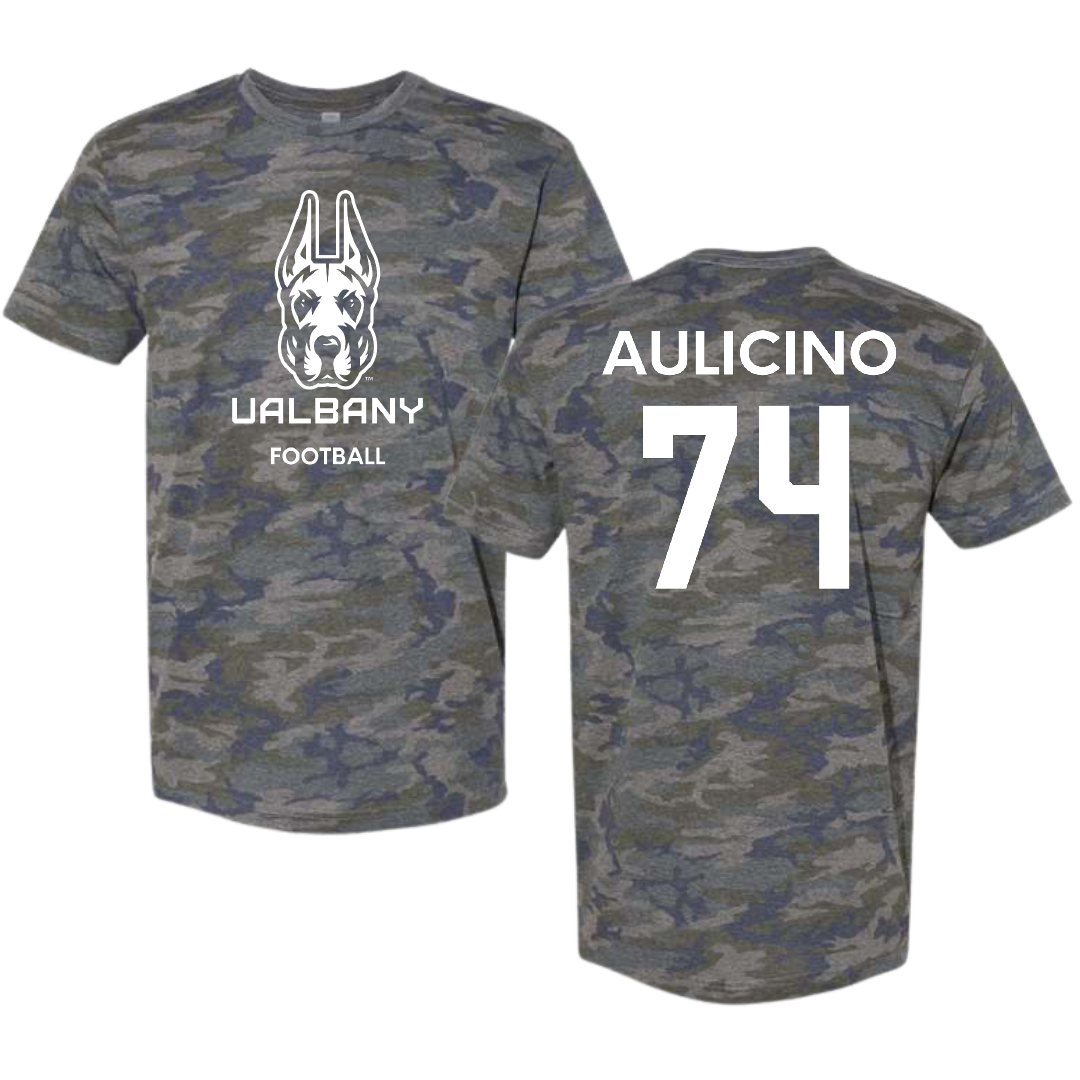 University at Albany Football Vintage Camo Tee - #74 Matt Aulicino