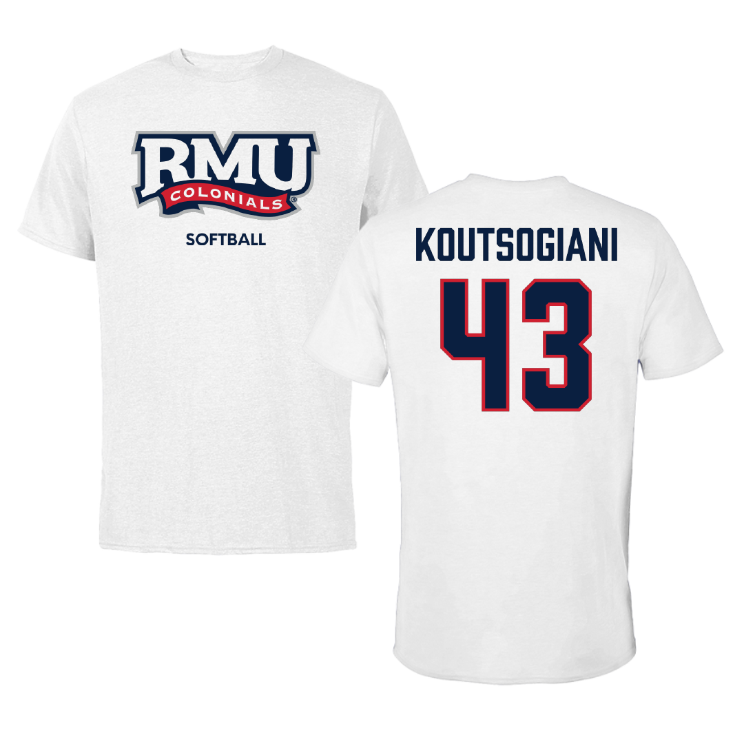Robert Morris University Softball White Performance Tee - #43 Alaina Koutsogiani