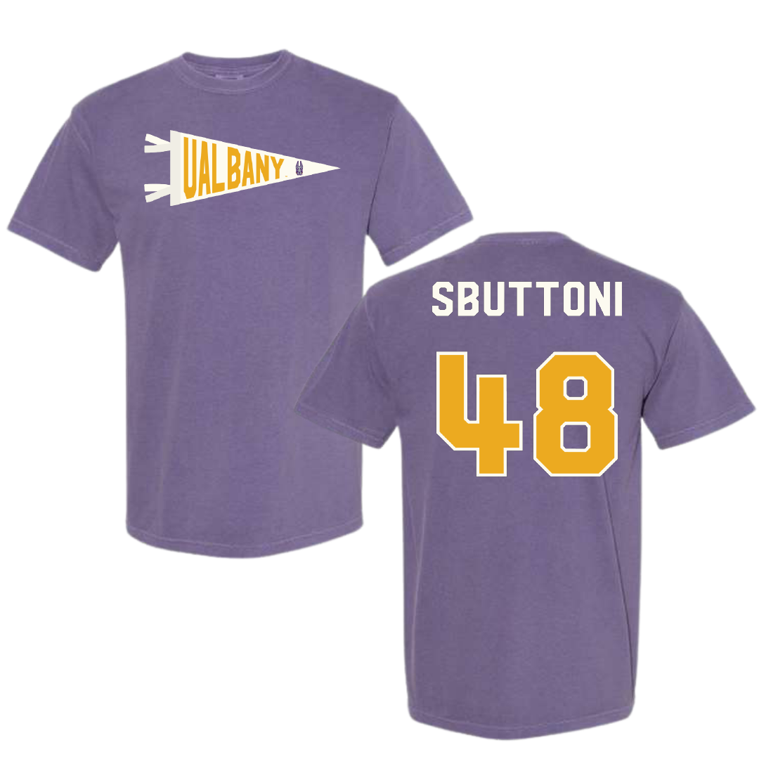 University at Albany Football Purple Pennant Comfort Colors Tee - #48 Michael Sbuttoni