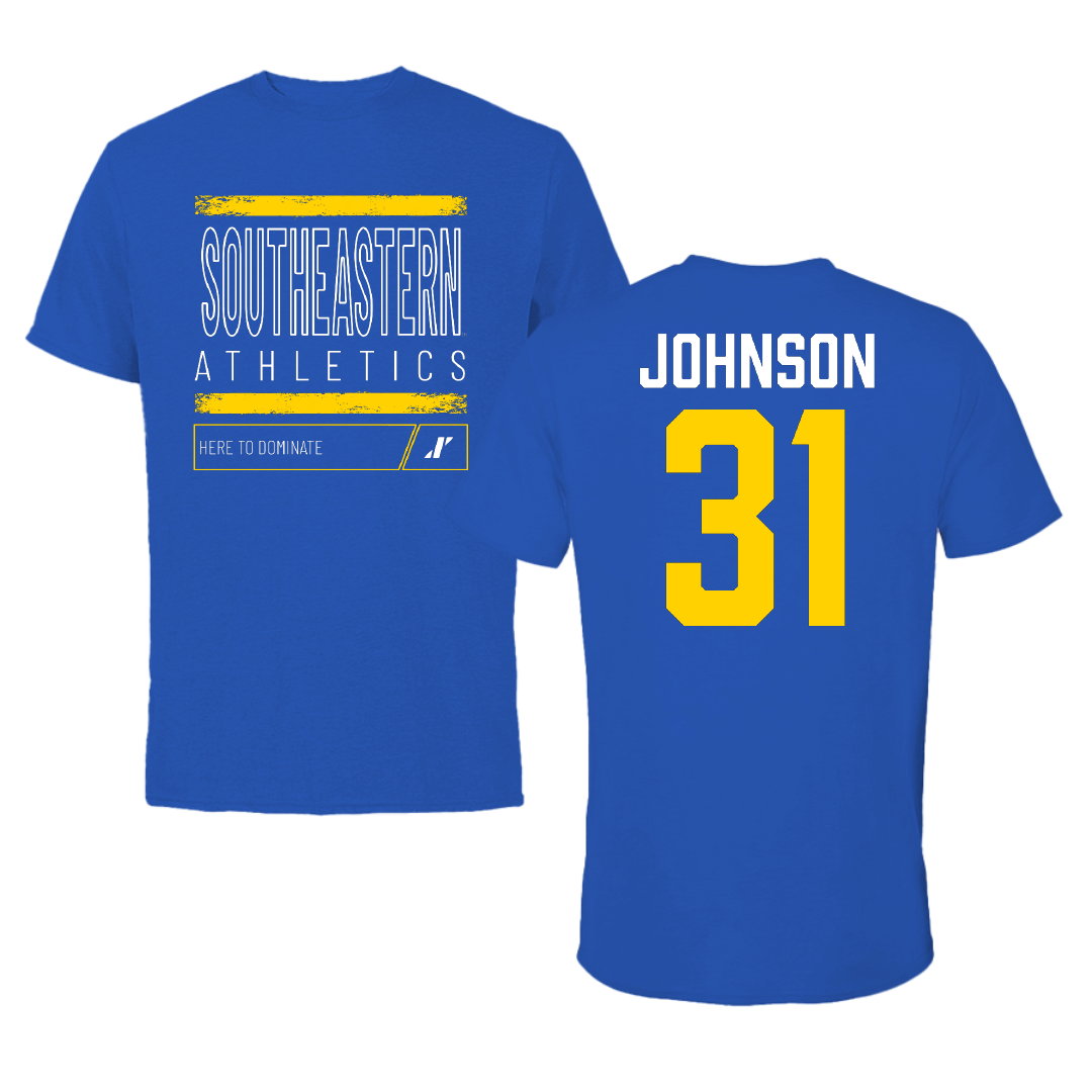 Southeastern Oklahoma State University Baseball Blue Dominate Performance Tee - #31 Luke Johnson