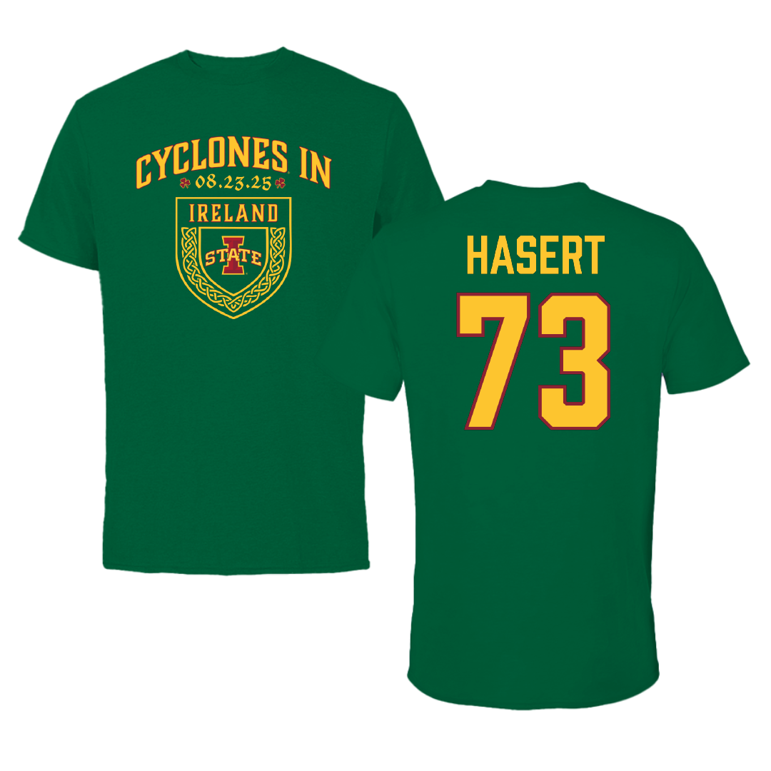 Iowa State University Football Green Cyclones in Ireland Tee - #73 Deylin Hasert