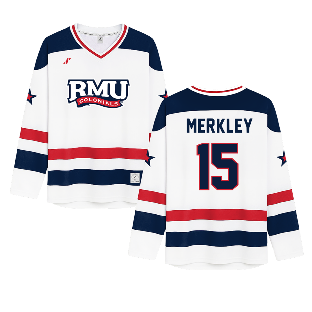 Robert Morris University White Hockey Jersey - #15 Charles Merkley