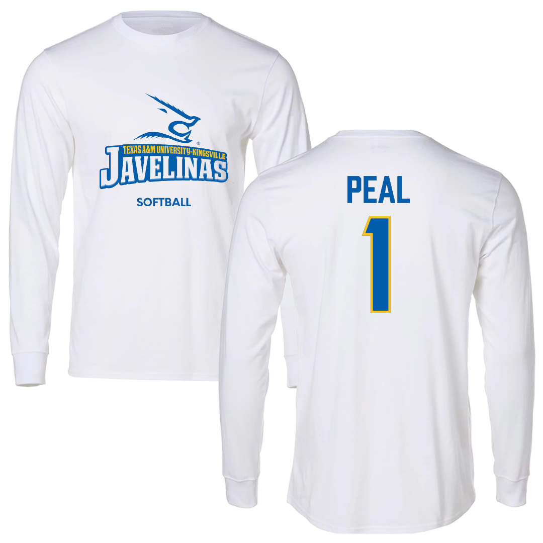 Texas A&M University-Kingsville Softball White Performance Long Sleeve - #1 Shelbie Peal
