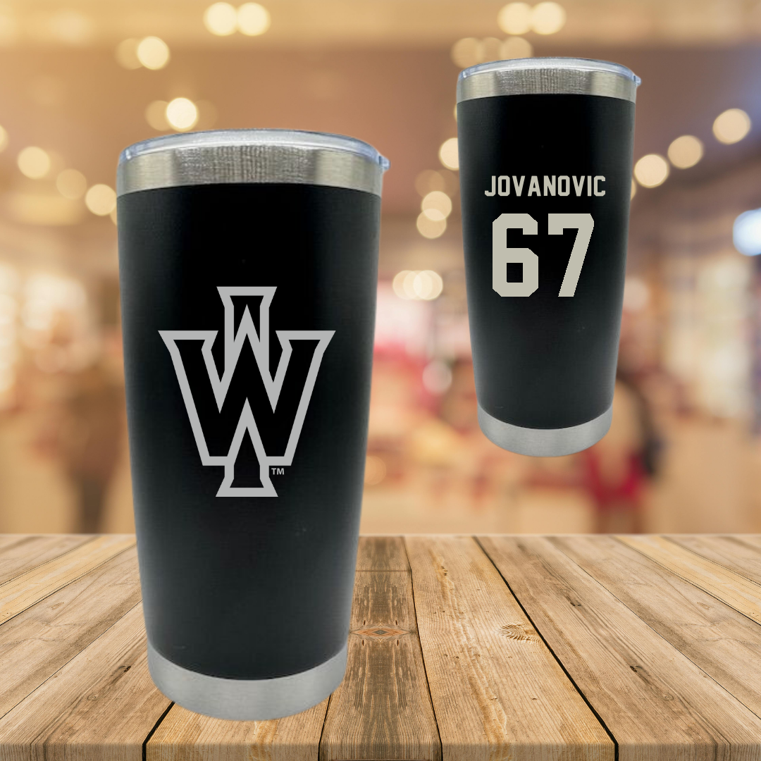 Illinois Wesleyan University Football Black Stainless Steel Tumbler - #67 Mihailo Jovanovic