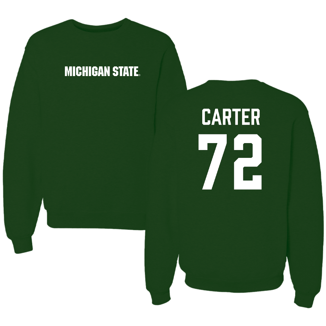 Michigan State University Football Forest Green Crewneck - #72 Caleb Carter