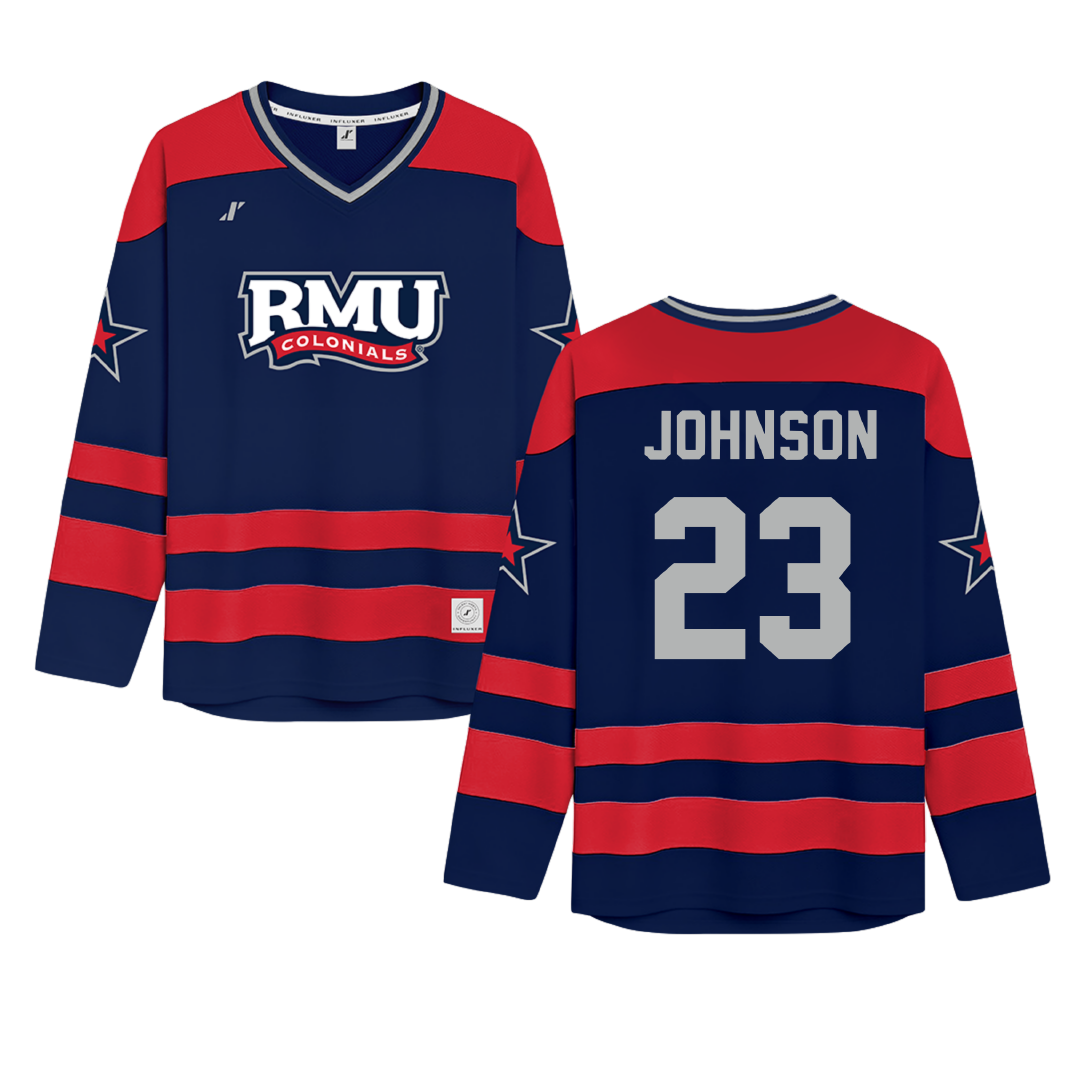 Robert Morris University Navy Hockey Jersey - #23 Luke Johnson