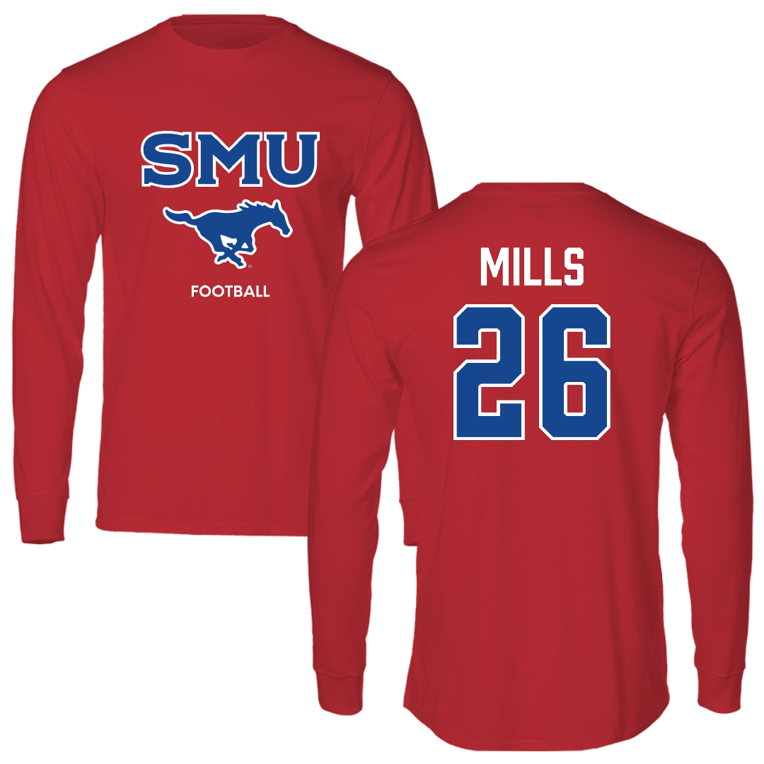 Southern Methodist University Football Red Performance Long Sleeve - #26 Keyshon Mills