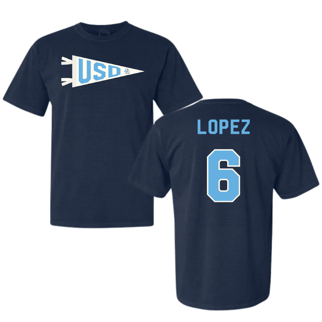 University of San Diego Football Navy Pennant Comfort Colors Tee - #6 Ruben Lopez
