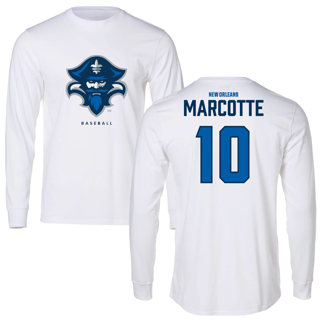University of New Orleans Baseball White Performance Long Sleeve - #10 Riley Marcotte