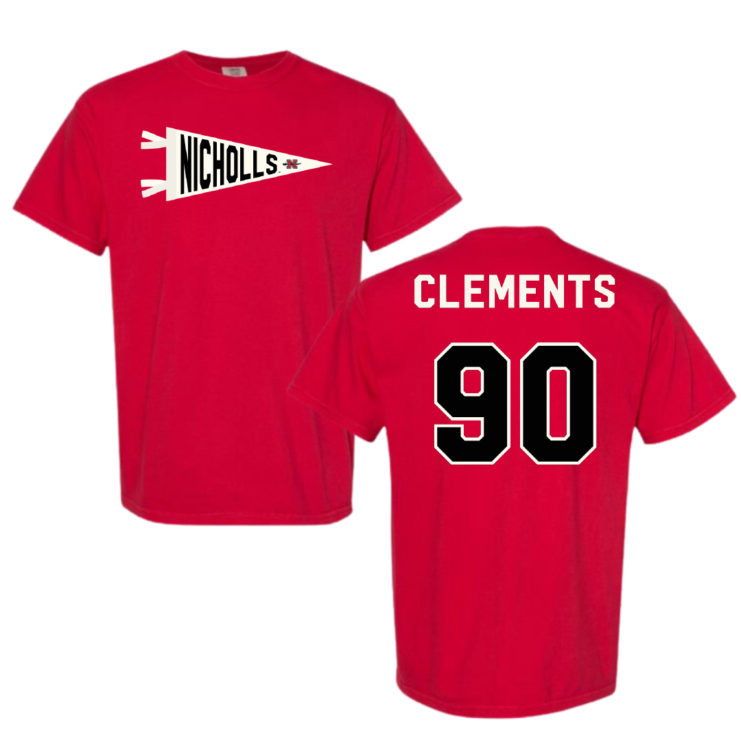 Nicholls State University Football Red Pennant Comfort Colors Tee - #90 Aidan Clements