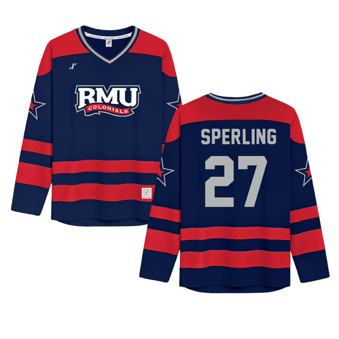 Robert Morris University Navy Hockey Jersey - #27 Chace Sperling