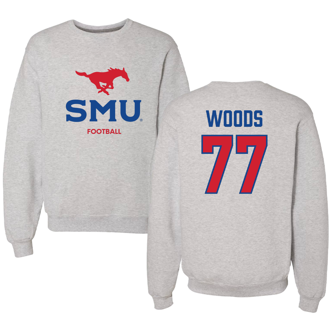 Southern Methodist University Football Light Gray Crewneck - #77 Alex Woods