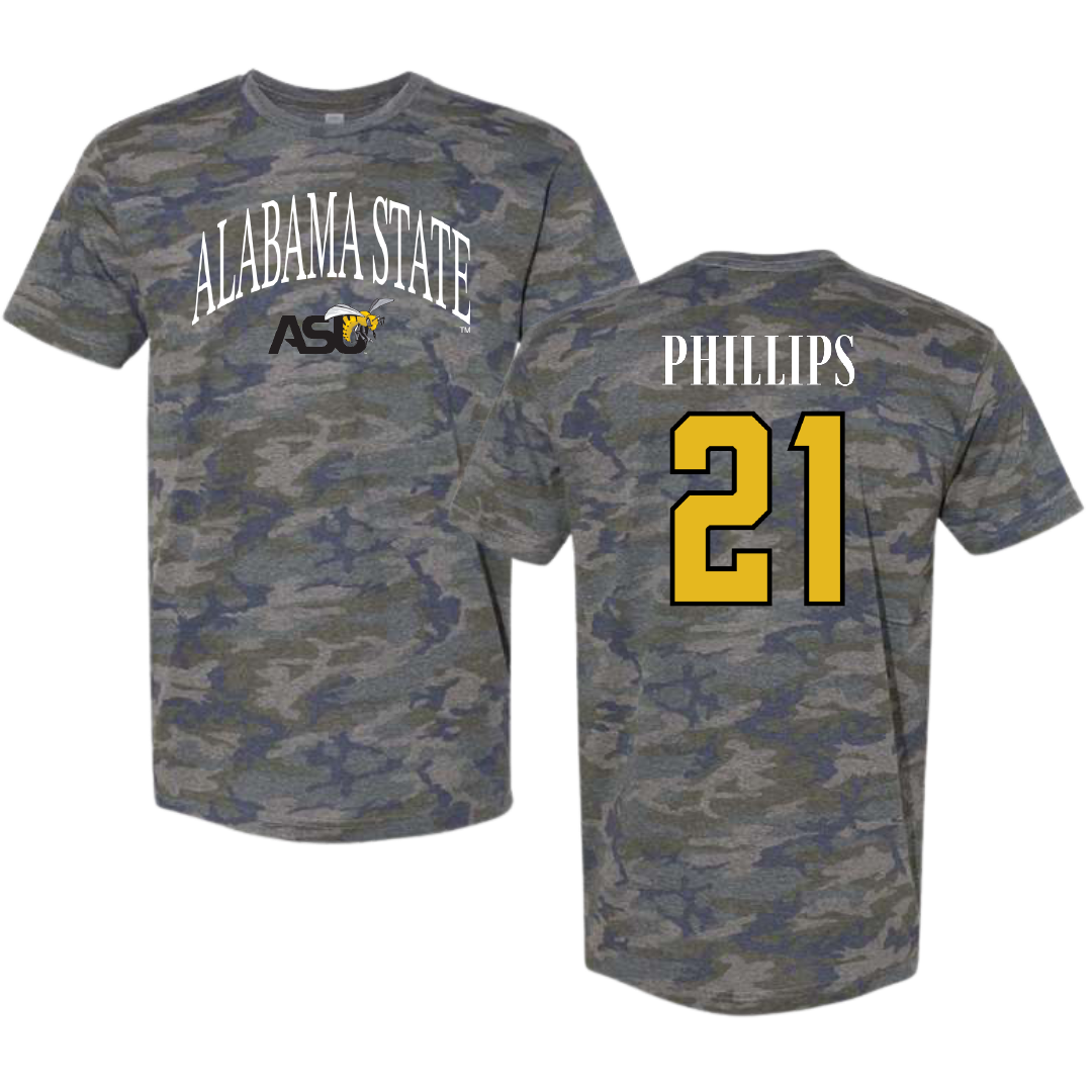 Alabama State University Football Vintage Camo Tee - #21 Tre Phillips