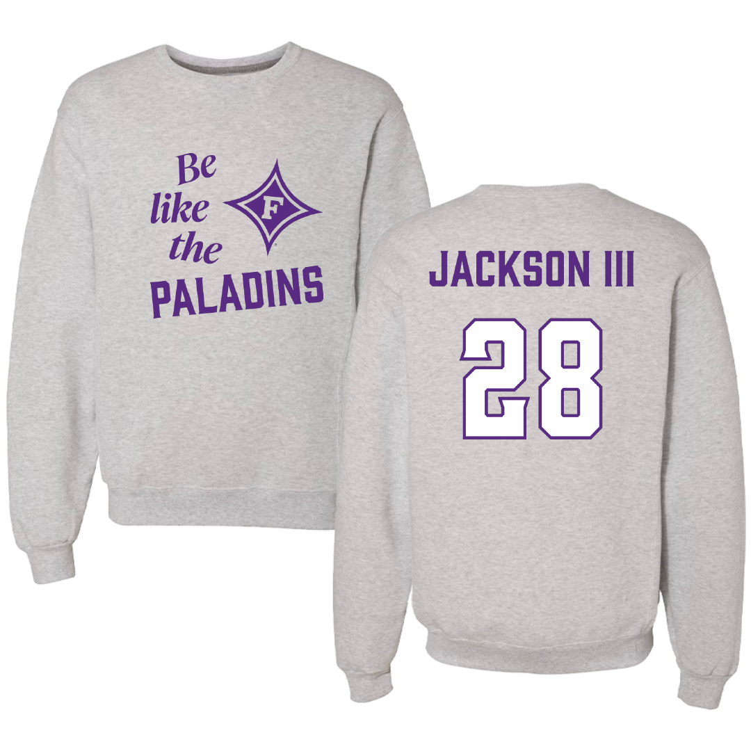 Furman University Football Light Gray Be Like Us Crewneck - #28 Eddie Jackson III