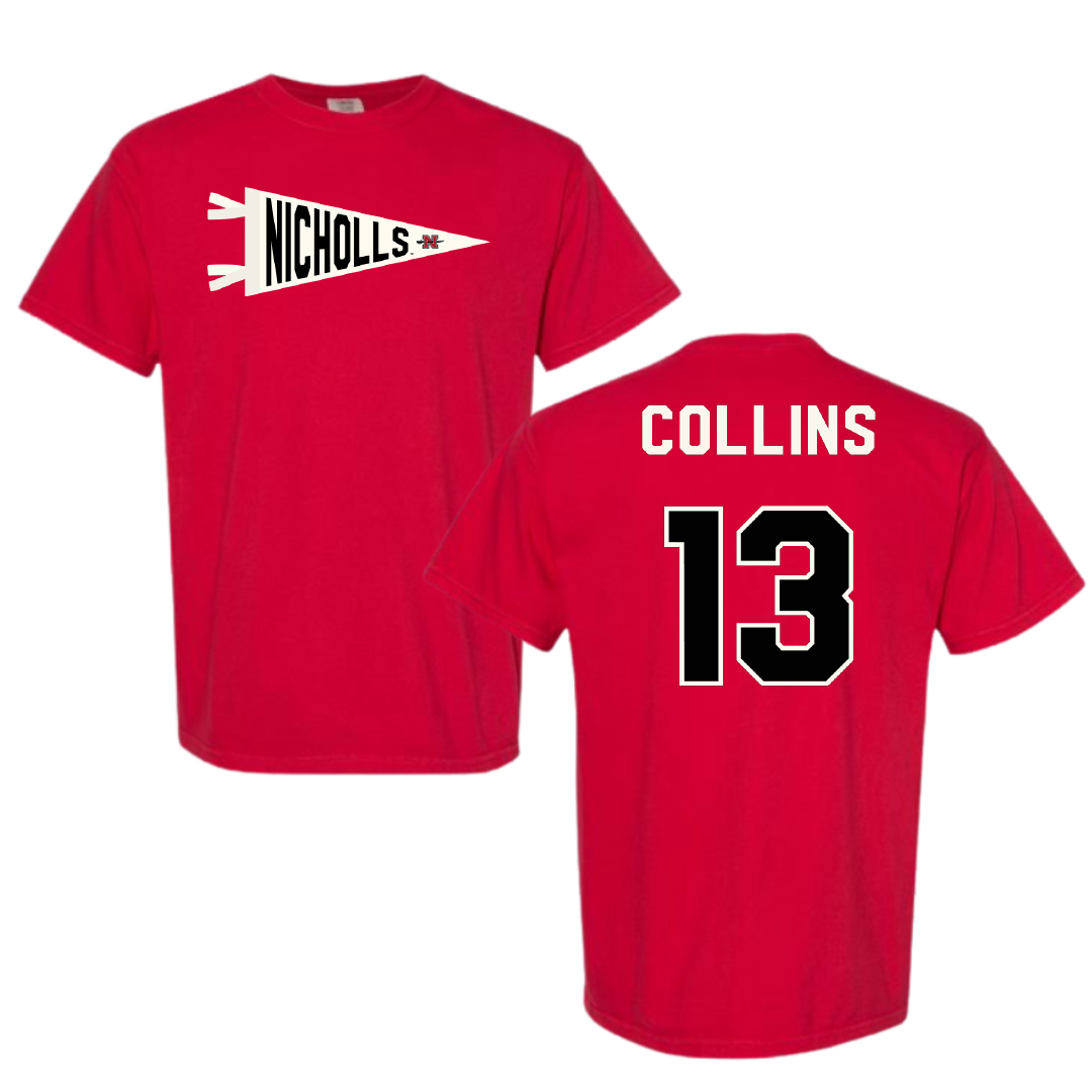 Nicholls State University Basketball Red Pennant Comfort Colors Tee - #13 Mekhi Collins