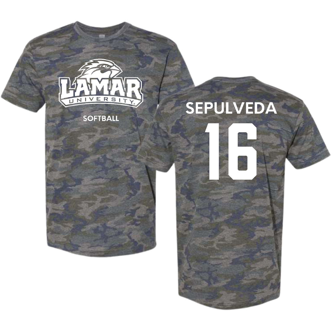 Lamar University Softball Vintage Camo Tee - #16 Jayne Sepulveda