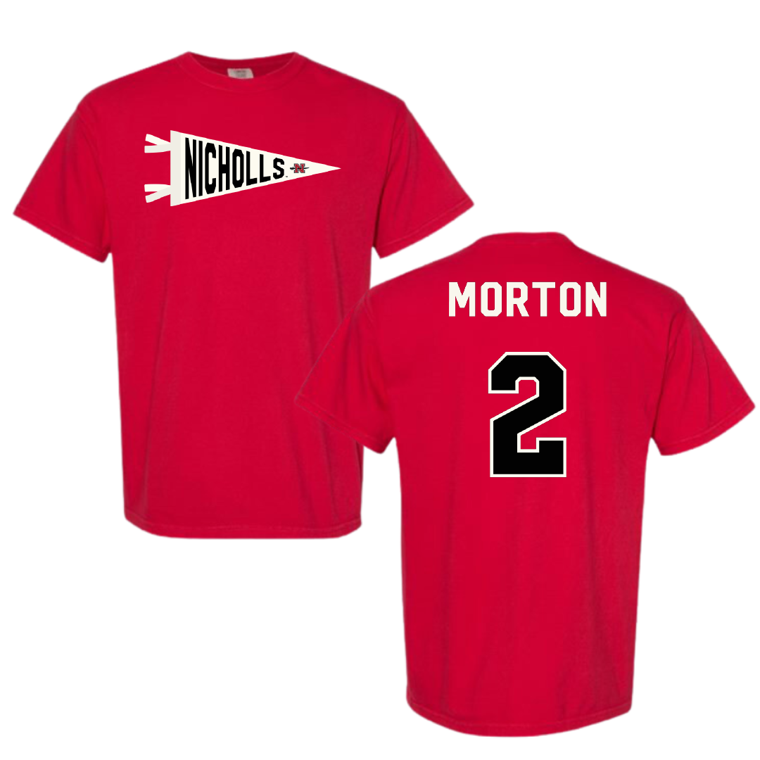 Nicholls State University Football Red Pennant Comfort Colors Tee - #2 Tyler Morton