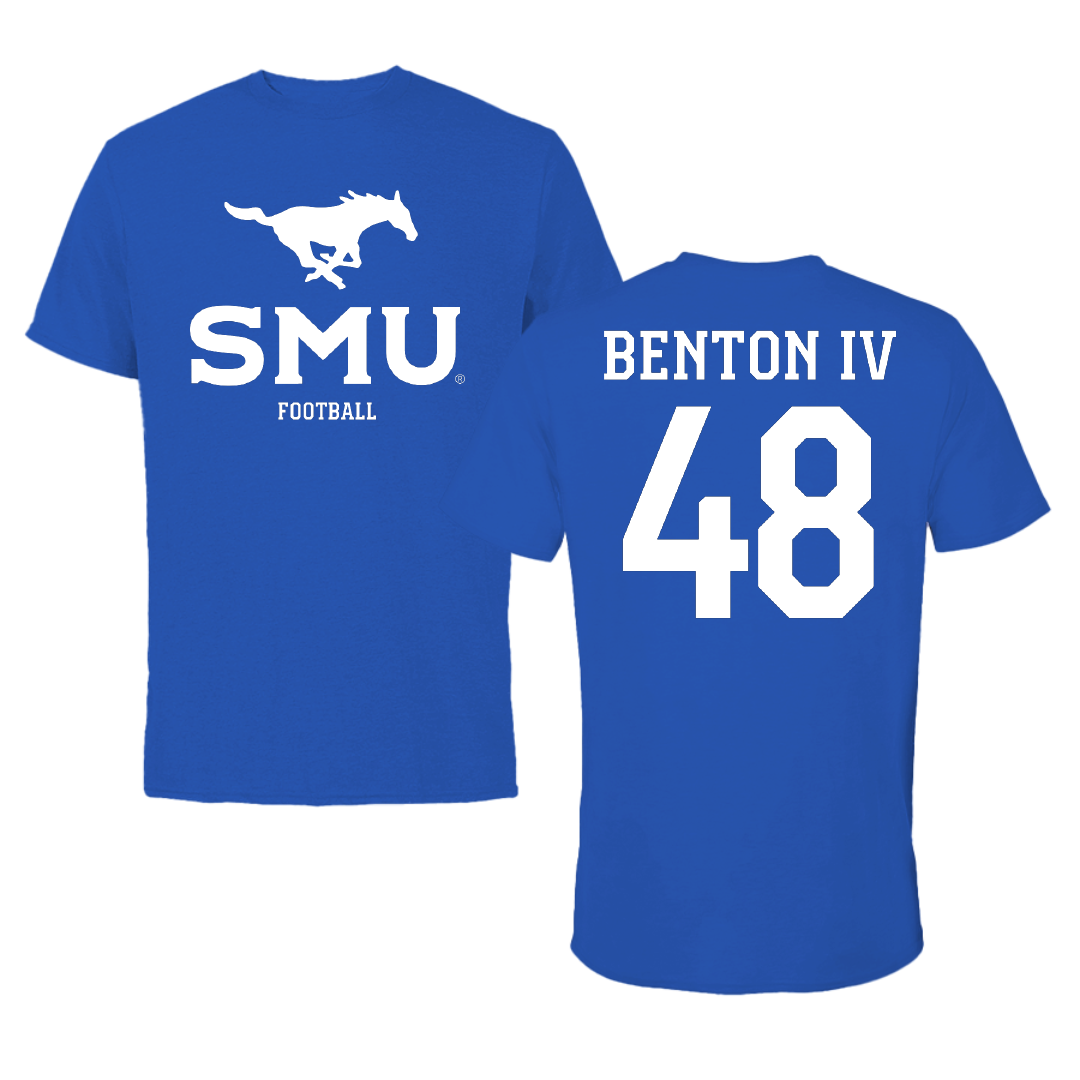 Southern Methodist University Football Blue Mascot Performance Tee - #48 Will Benton IV