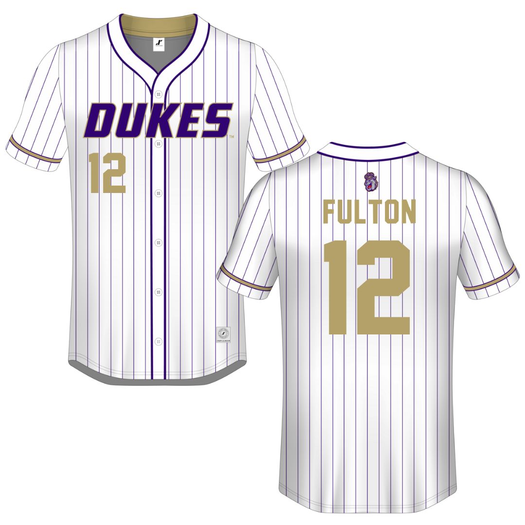 James Madison University White Pinstripe Button-Down Jersey - #12 Lauren Fulton