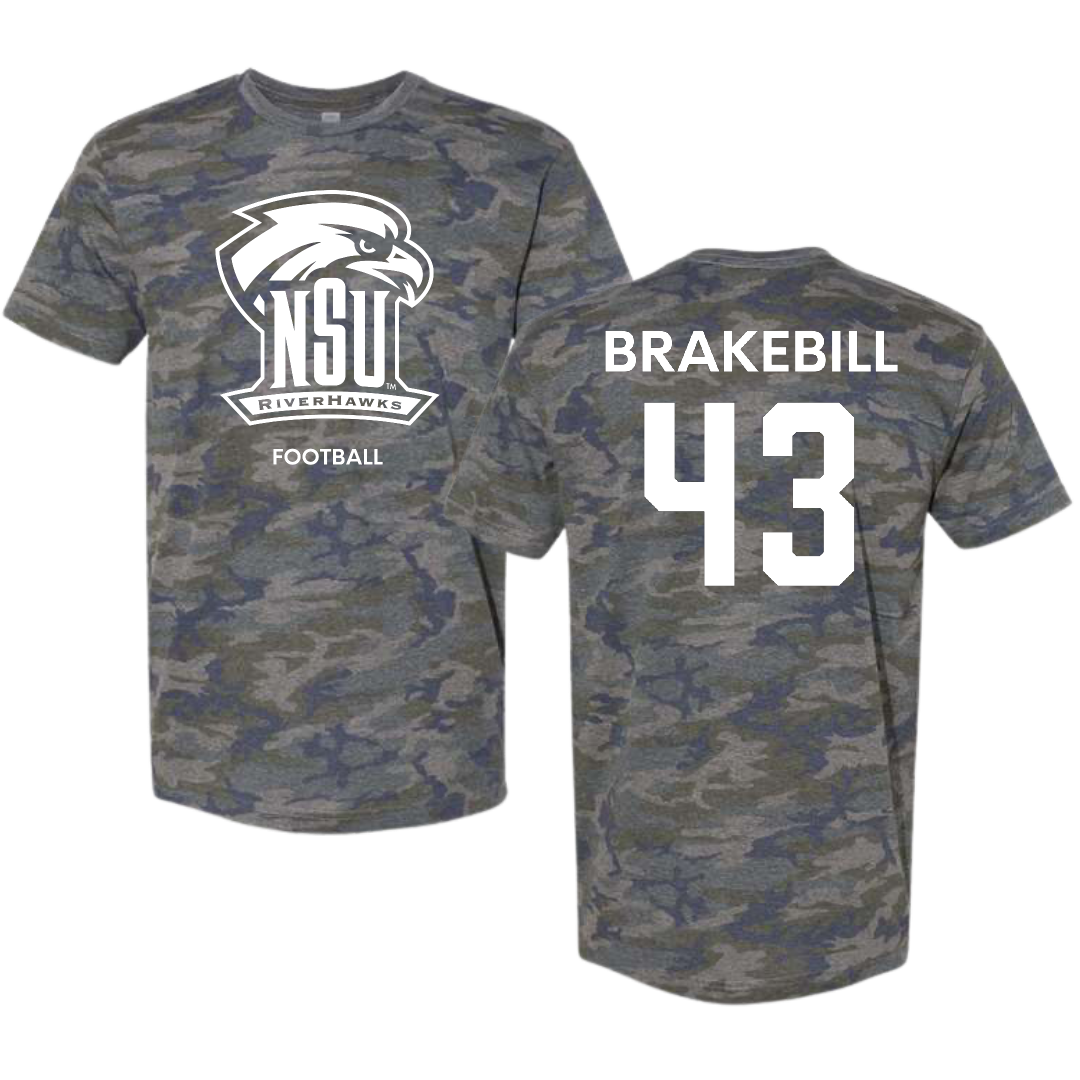 Northeastern State University Football Vintage Camo Tee - #43 Kale Brakebill