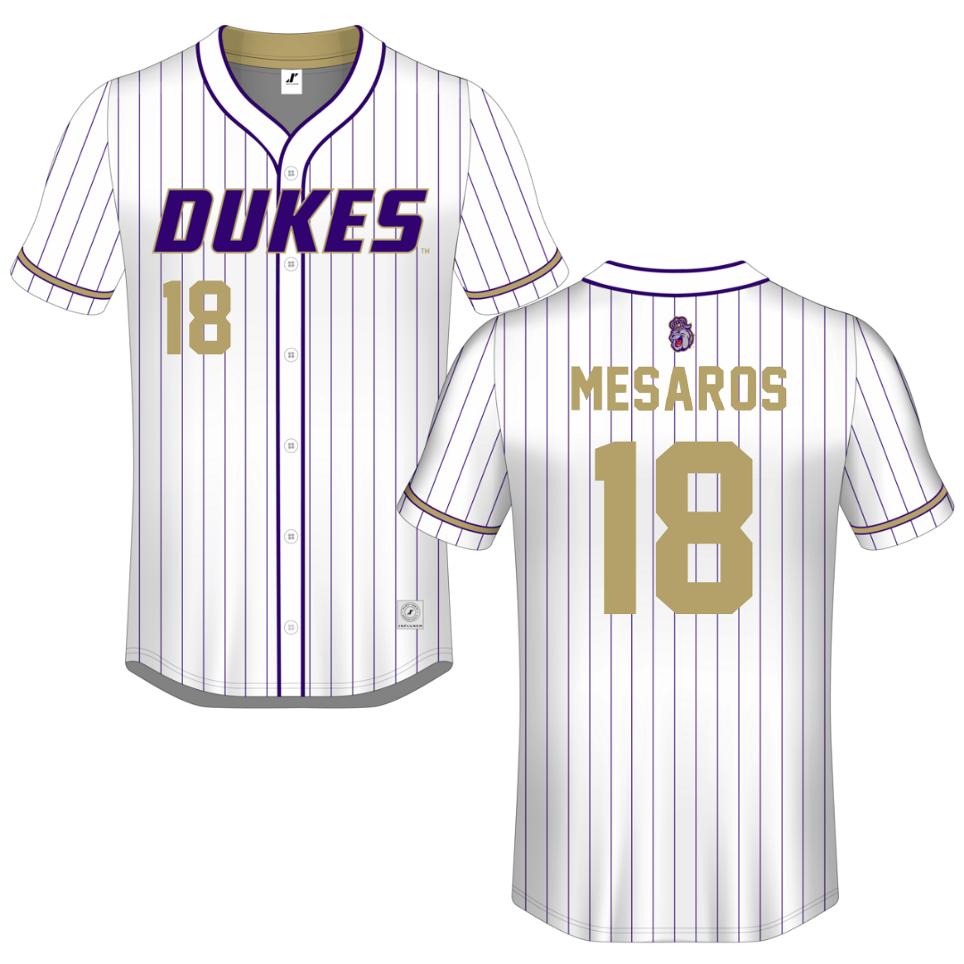 James Madison University White Pinstripe Button-Down Jersey - #18 Morgan Mesaros