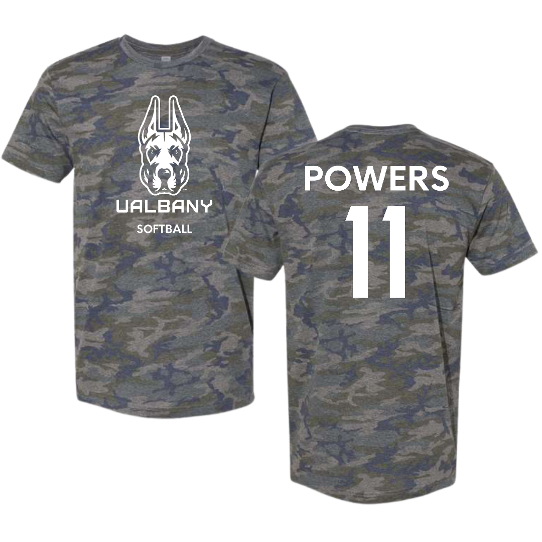 University at Albany Softball Vintage Camo Tee - #11 Kate Powers
