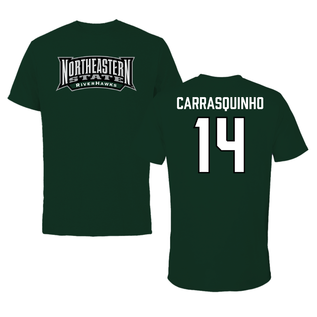 Northeastern State University Soccer Forest Green Block Tee - #14 Miguel Carrasquinho
