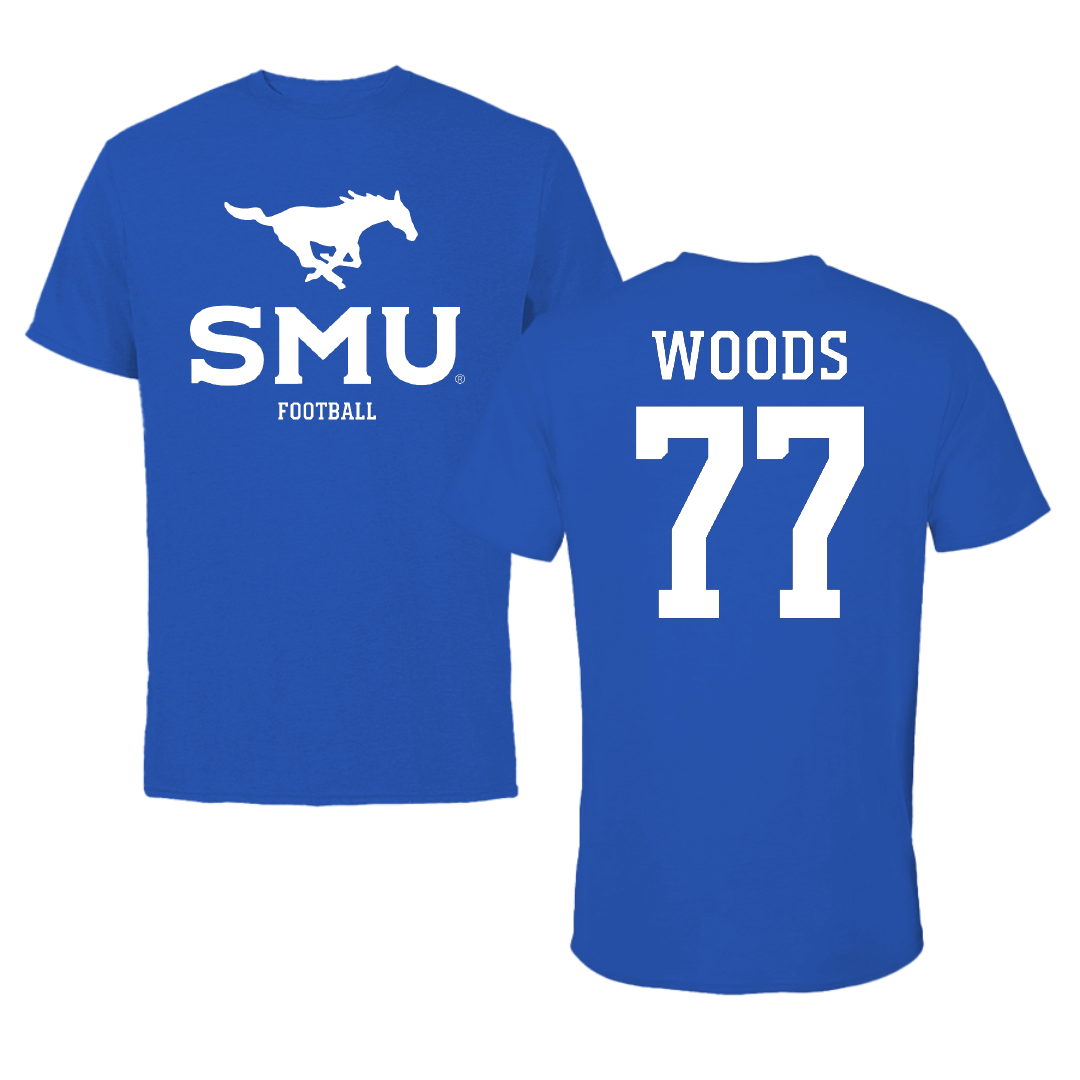 Southern Methodist University Football Blue Mascot Tee - #77 Alex Woods