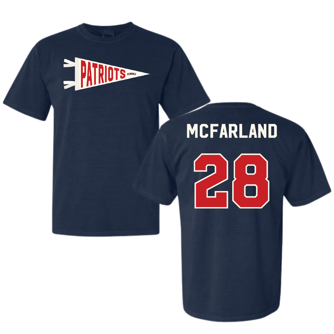 Dallas Baptist University Soccer Navy Pennant Comfort Colors Tee - #28 Riley McFarland