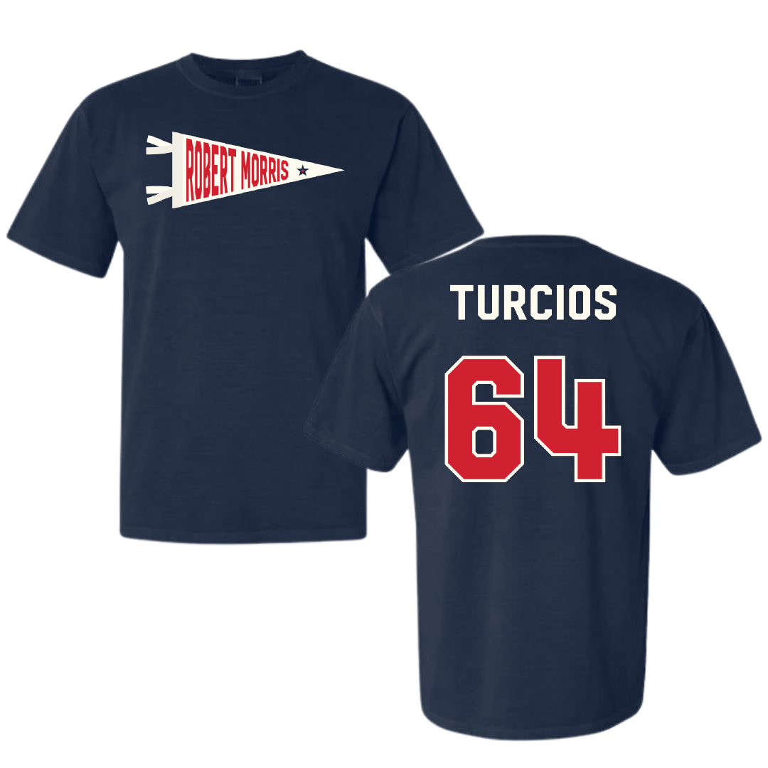 Robert Morris University Football Navy Pennant Comfort Colors Tee - #64 Diego Turcios