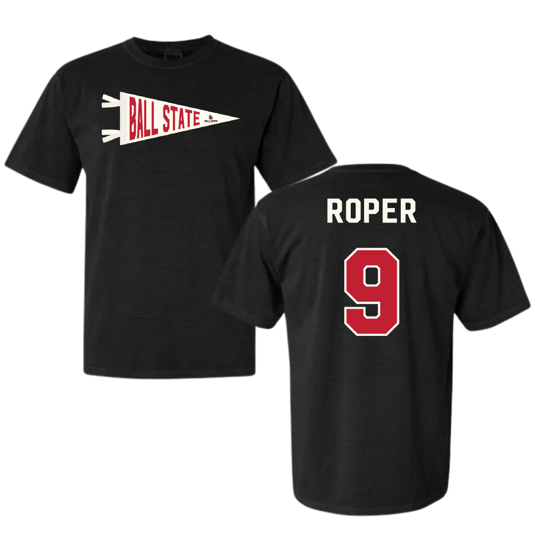 Ball State University Soccer Black Pennant Comfort Colors Tee - #9 Emily Roper