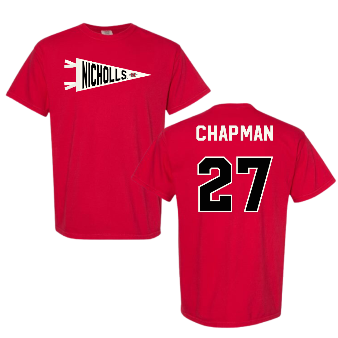 Nicholls State University Football Red Pennant Comfort Colors Tee - #27 Gil Chapman
