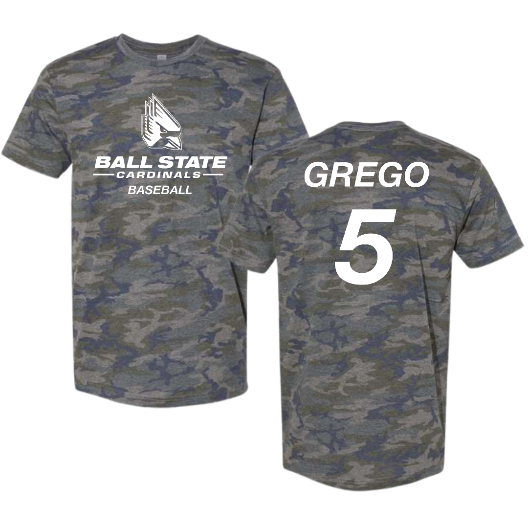 Ball State University Baseball Vintage Camo Tee - #5 Dylan Grego