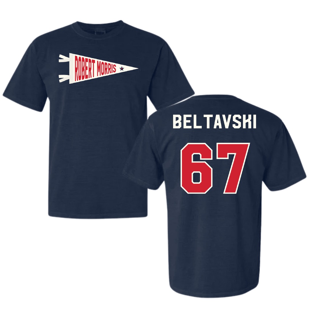 Robert Morris University Football Navy Pennant Comfort Colors Tee - #67 Luke Beltavski