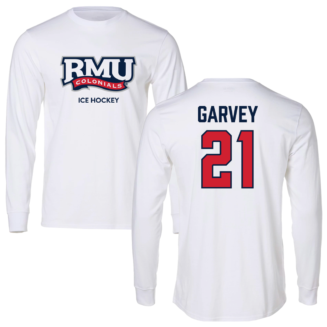 Robert Morris University Ice Hockey (M) White Performance Long Sleeve - #21 Cameron Garvey