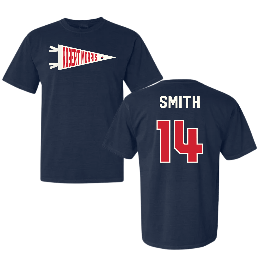 Robert Morris University Football Navy Pennant Comfort Colors Tee - #14 Zin'tayvious Smith
