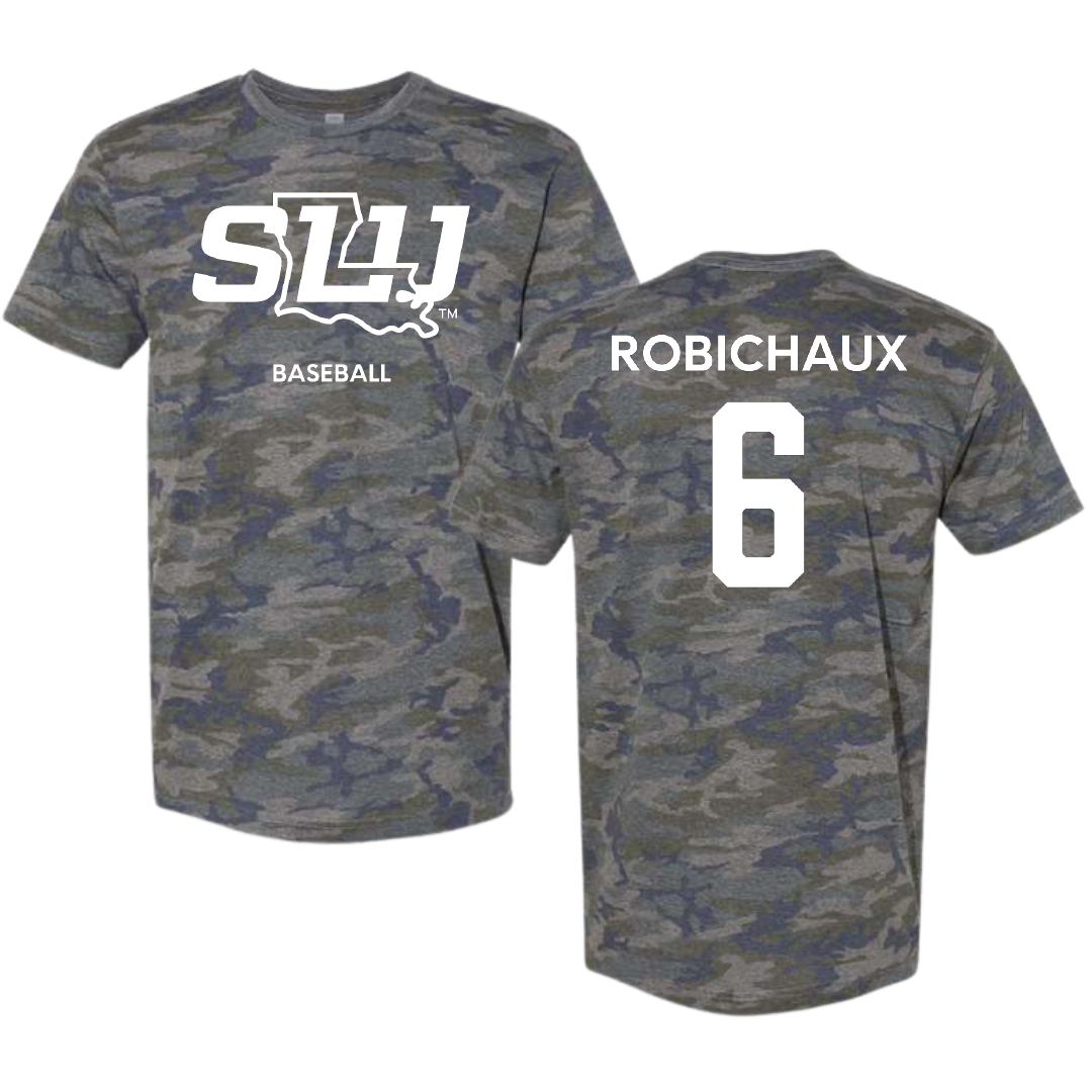 Southeastern Louisiana University Baseball Vintage Camo Tee - #6 Ben Robichaux