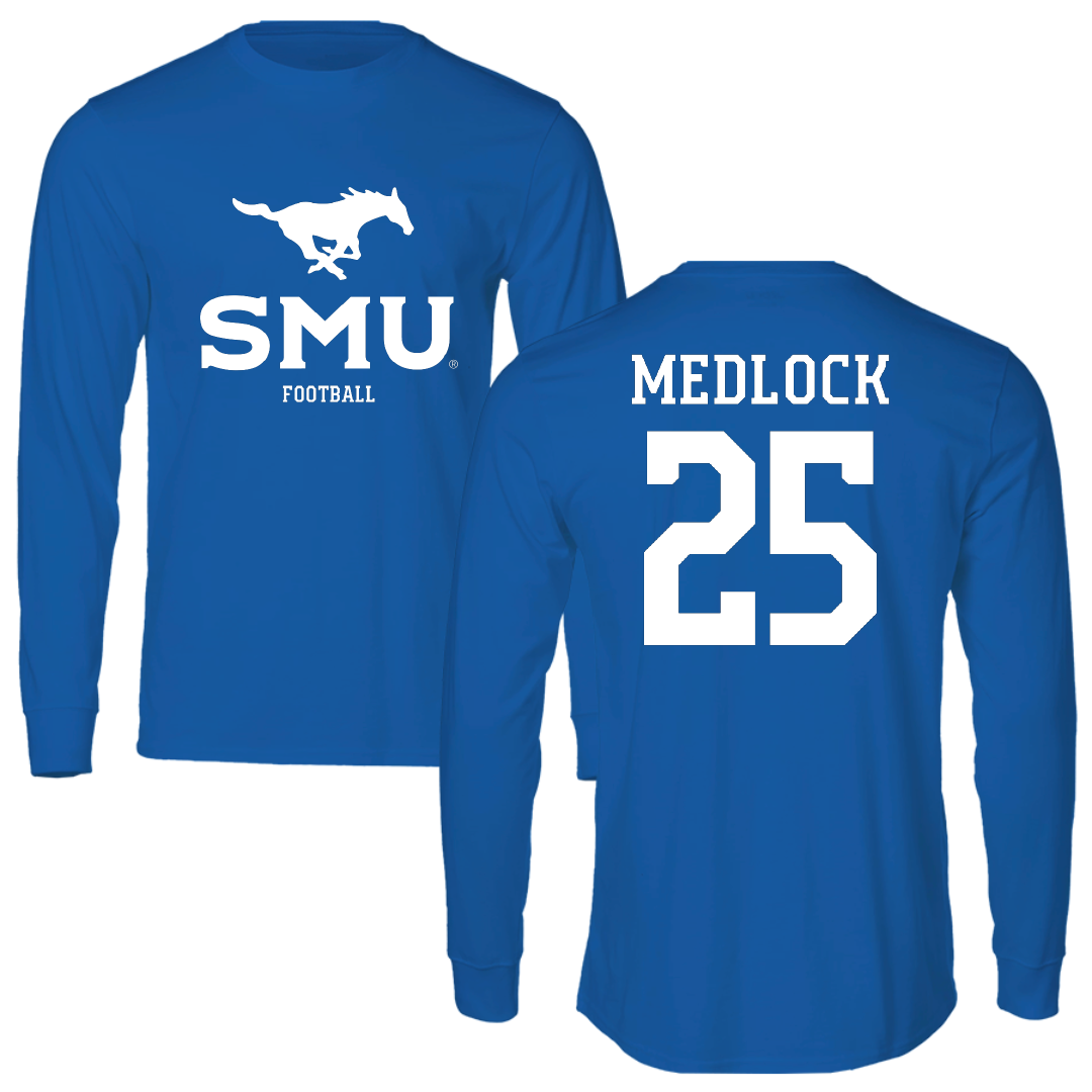 Southern Methodist University Football Blue Mascot Performance Long Sleeve - #25 Justin Medlock