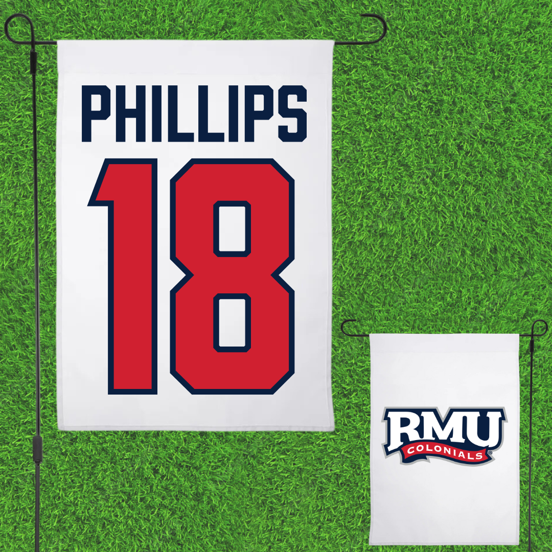 Robert Morris University Ice Hockey White Garden Flag - #18 Jersey Phillips