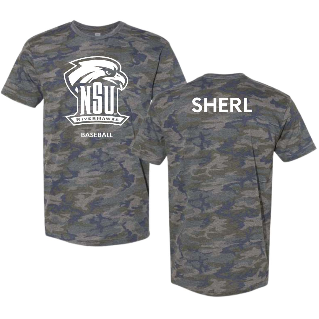 Northeastern State University Baseball Vintage Camo Tee - Gannon Sherl