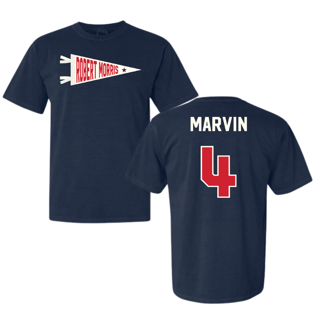 Robert Morris University Soccer Navy Pennant Comfort Colors Tee - #4 Jillian Marvin