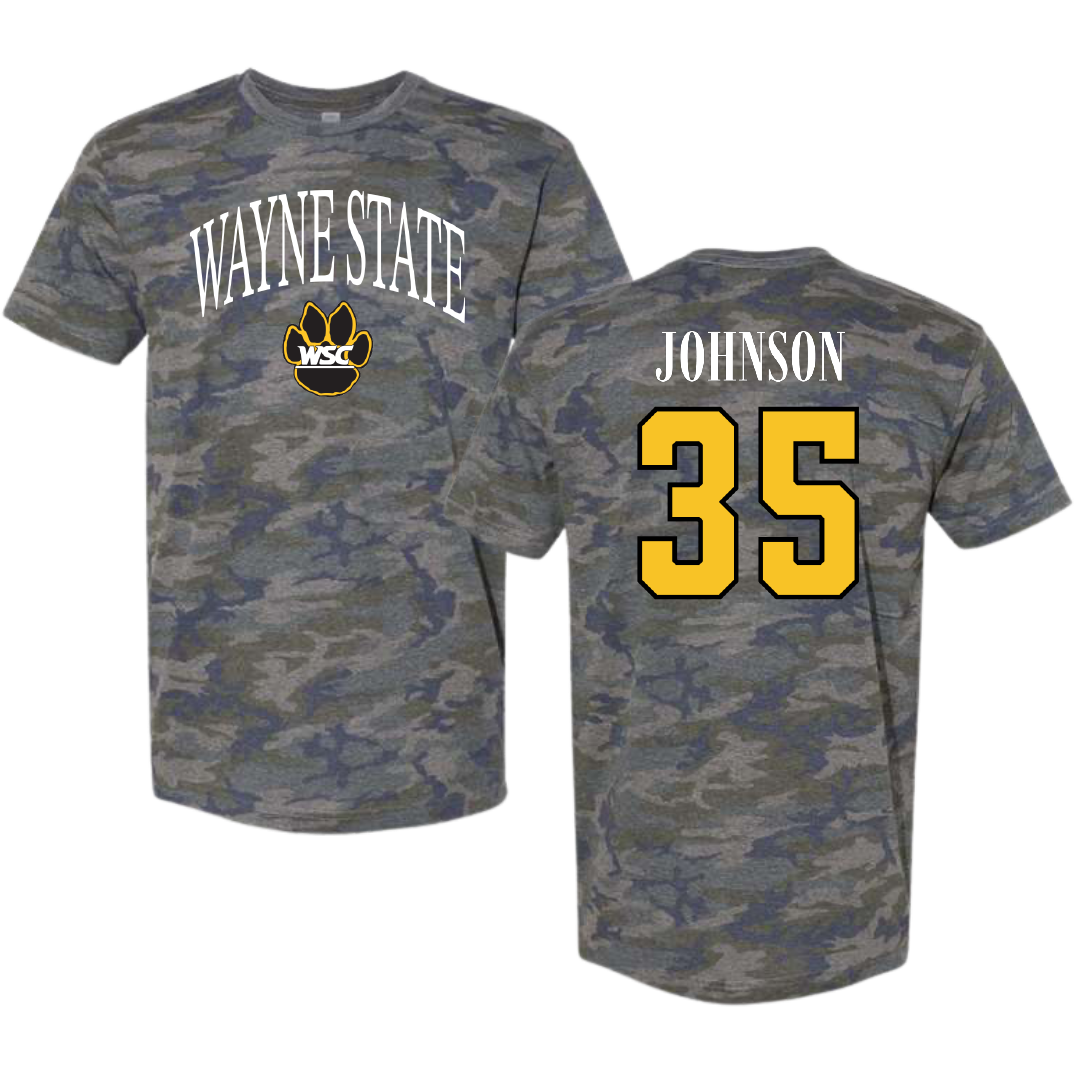 Wayne State College (Nebraska) Football Vintage Camo Tee - #35 Luke Johnson