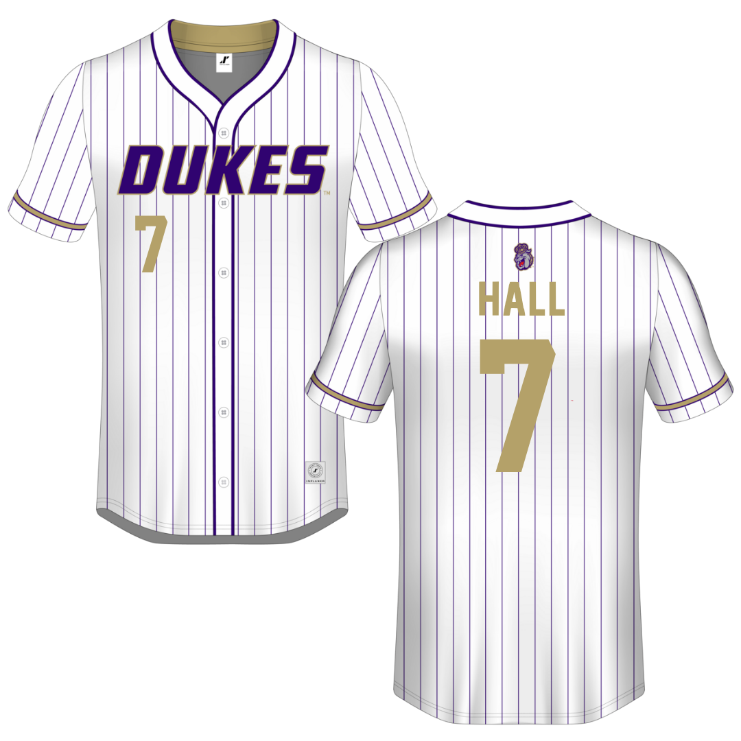James Madison University White Pinstripe Button-Down Jersey - #7 Jasmine Hall