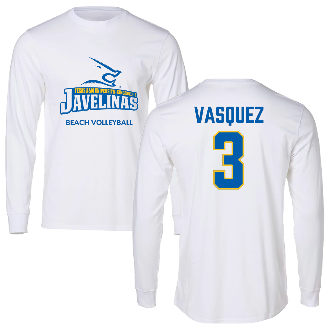 Texas A&M University-Kingsville Beach Volleyball White Performance Long Sleeve - #3 Kalani Vasquez