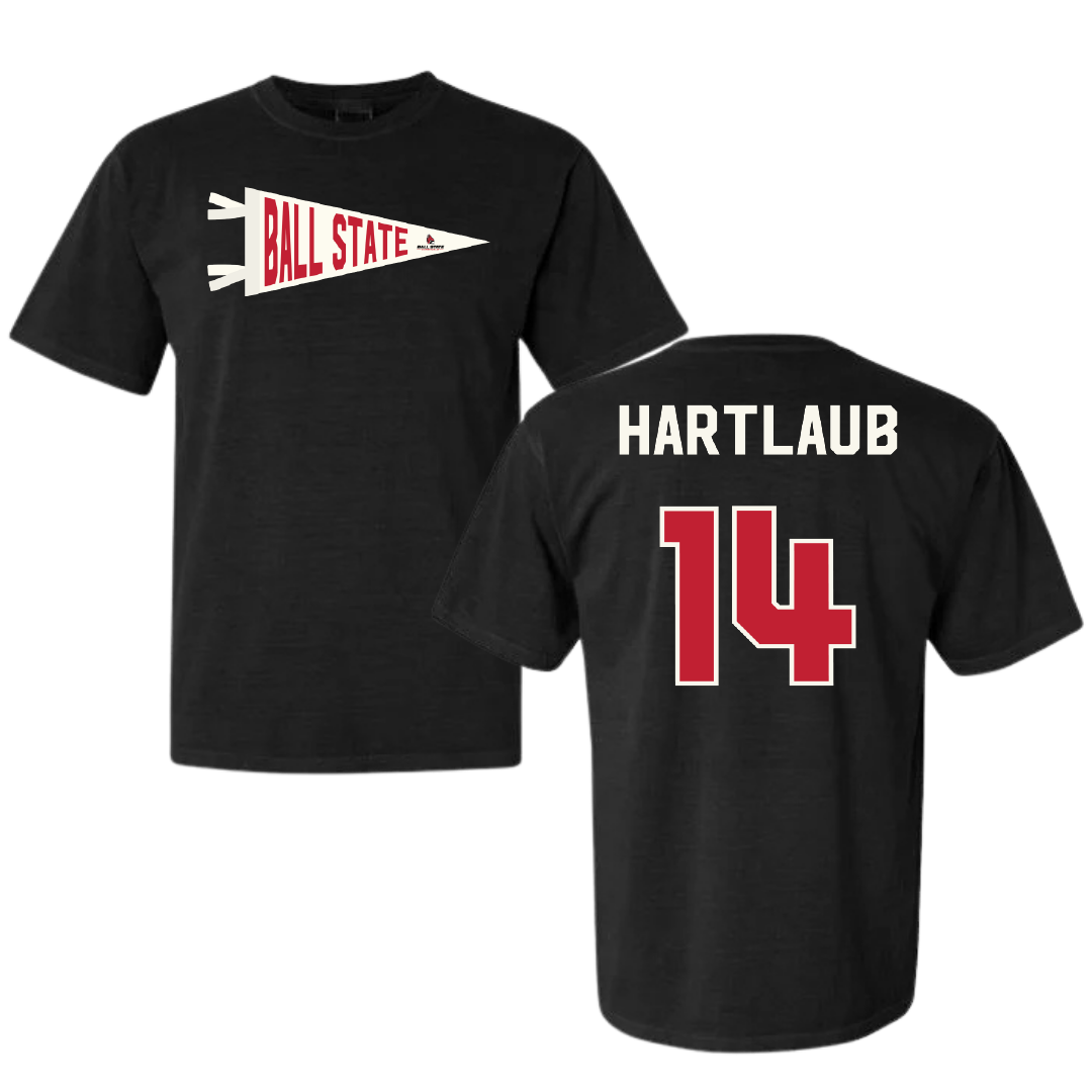 Ball State University Baseball Black Pennant Comfort Colors Tee - #14 Jacob Hartlaub