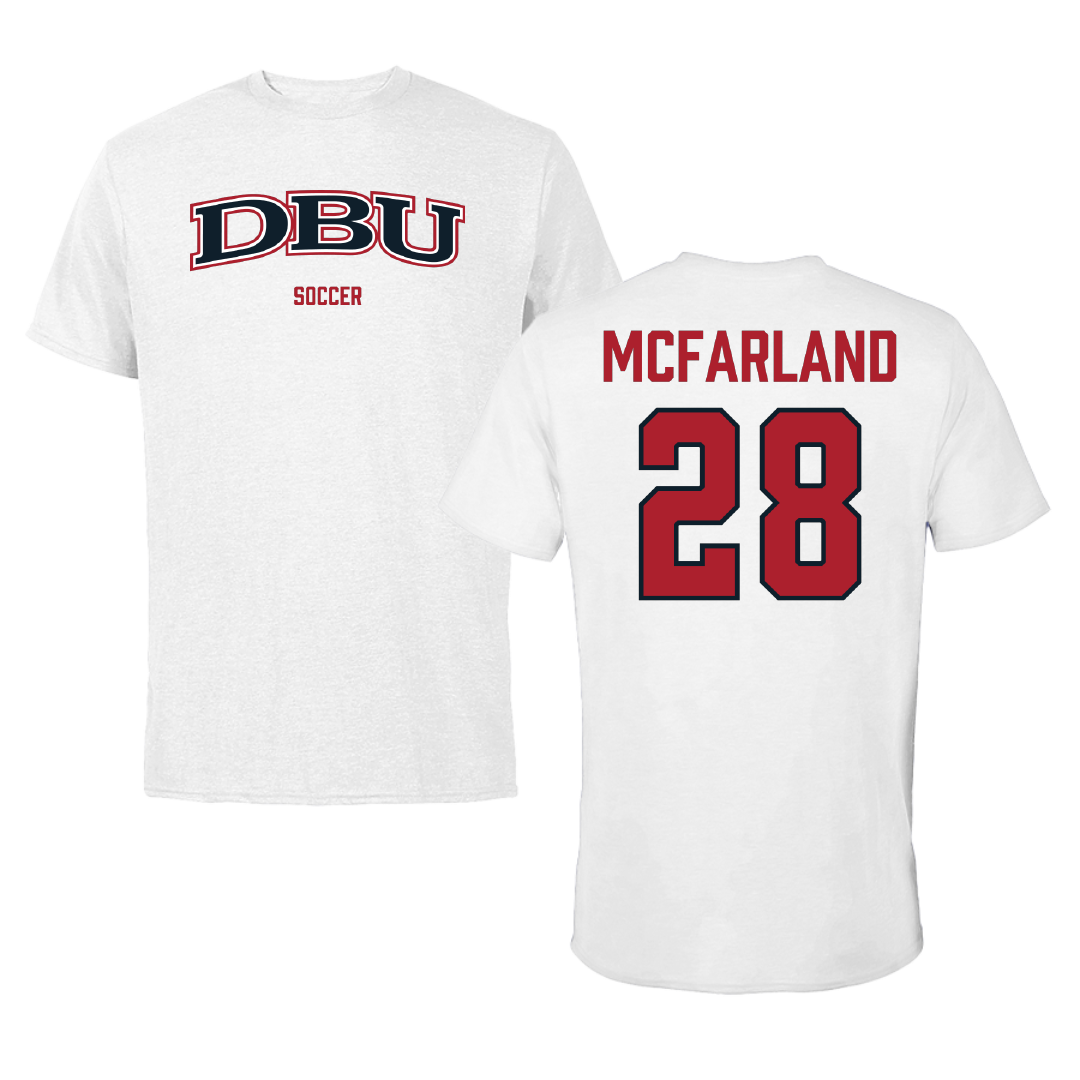 Dallas Baptist University Soccer (M) White Performance Tee - #28 Riley McFarland