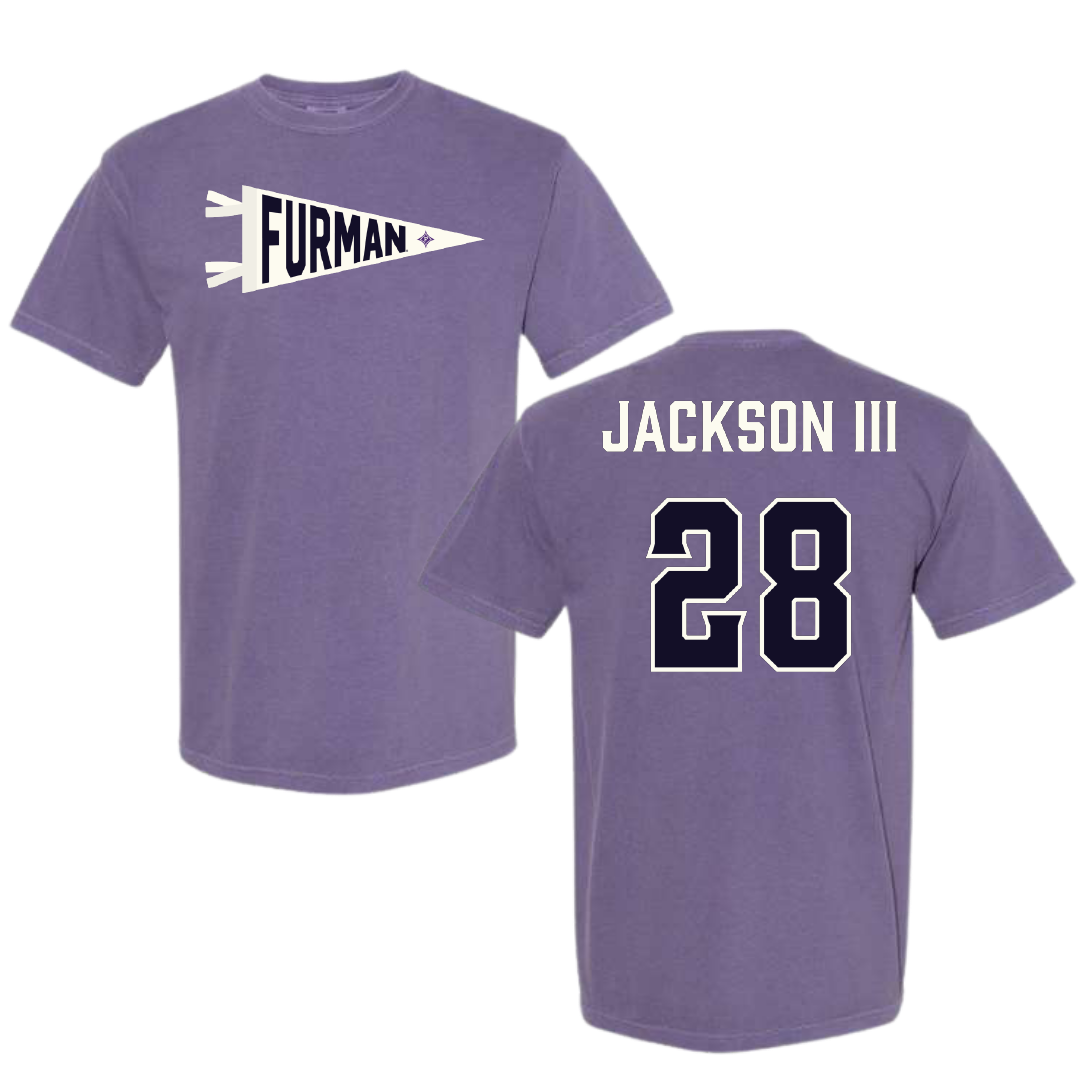 Furman University Football Purple Pennant Comfort Colors Tee - #28 Eddie Jackson III